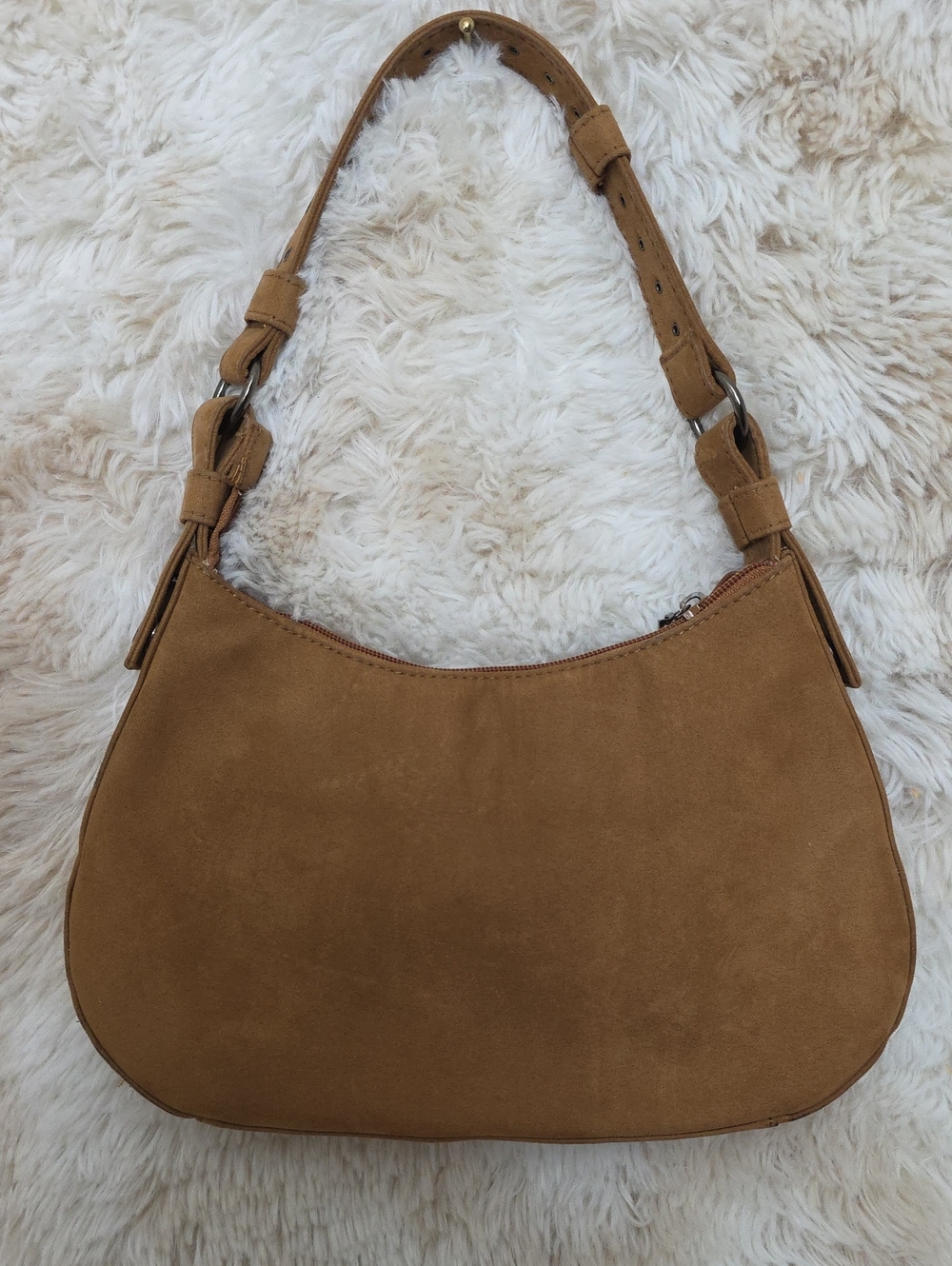 Hot Kiss Brown Faux Suede Mini Shoulder Bag Y2K Adjustable Strap Purse - Picture 2 of 9
